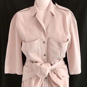 THIERRY MUGLER VINTAGE LIGHT PINK DRESS TIE FRONT POCKETS COLLAR COTTON 44/12